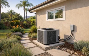 Photo of heat pump HVAC condenser unit, elevated and mounted on wall brackets to home’s exterior wall, outside in residential side yard. An eligible energy-efficiency measure for loans from GoGreen Home participating credit union lenders in California.