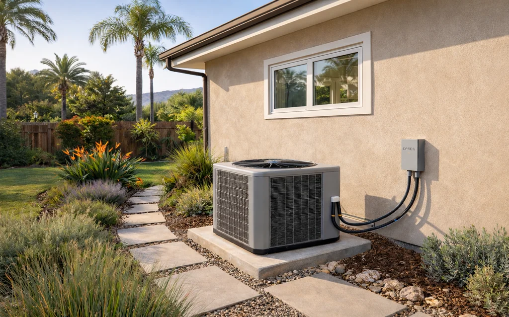 Photo of heat pump HVAC condenser unit, elevated and mounted on wall brackets to home’s exterior wall, outside in residential side yard. An eligible energy-efficiency measure for loans from GoGreen Home participating credit union lenders in California.