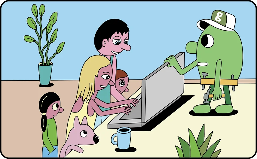 Cartoon scene: a family and their dog watch as a green robot with a cap uses a laptop desktop setup in a living room with a plant and mug nearby.