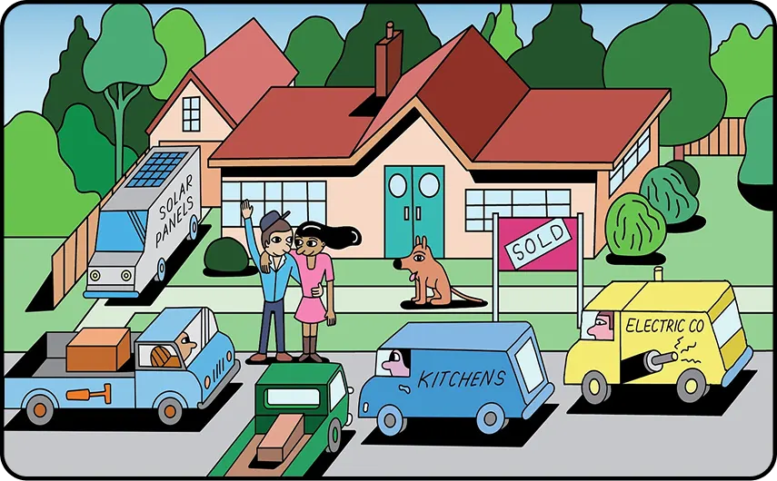 Couple in front of a sold house with a solar-panel van and service trucks (Kitchens, Electric Co) parked on the street; a dog sits by the door.