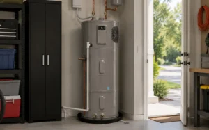 Heat pump water heater installed in a California home for energy-efficient water heating.