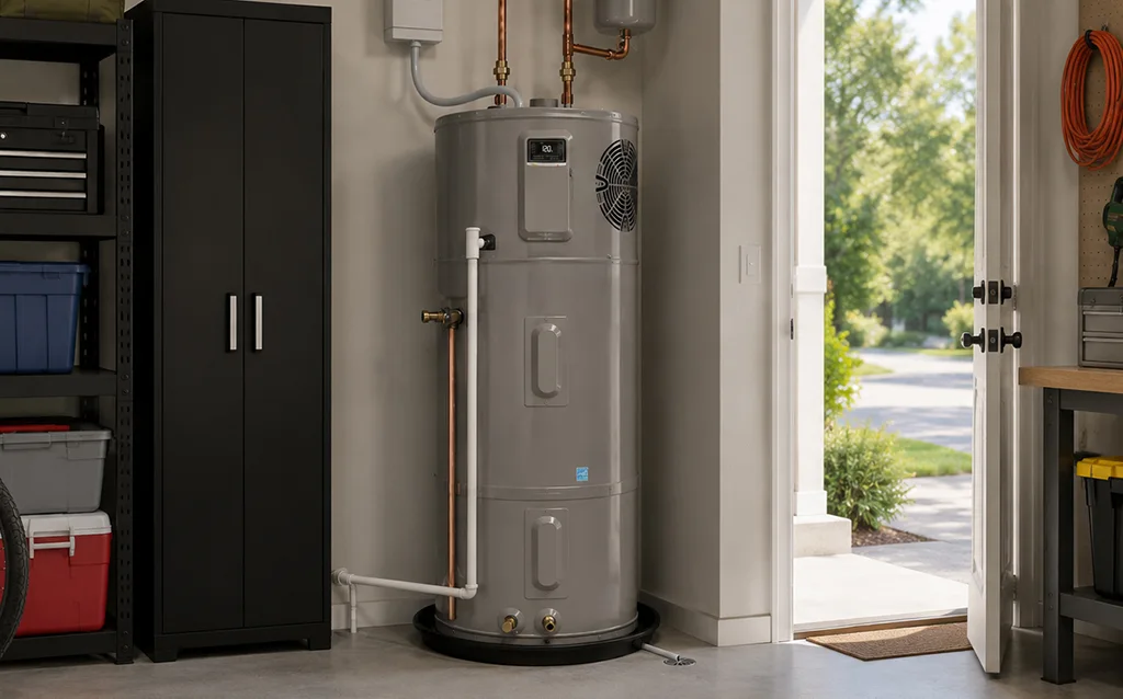 Heat pump water heater installed in a California home for energy-efficient water heating.